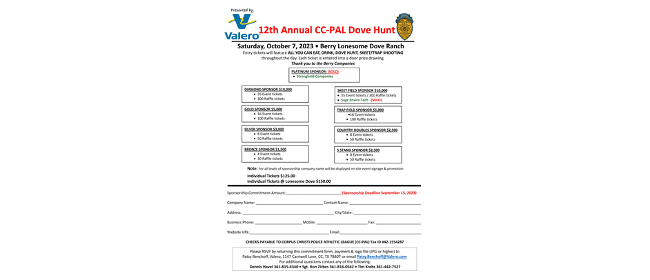 Sponsorship form for our upcoming Dove Hunt