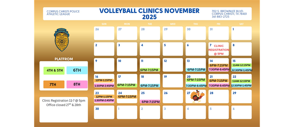NOVEMBERS VOLLEYBALL CLINIC SCHEDULE