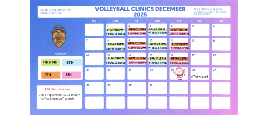 DECEMBER VOLLEYBALL CLINIC SCHEDULE