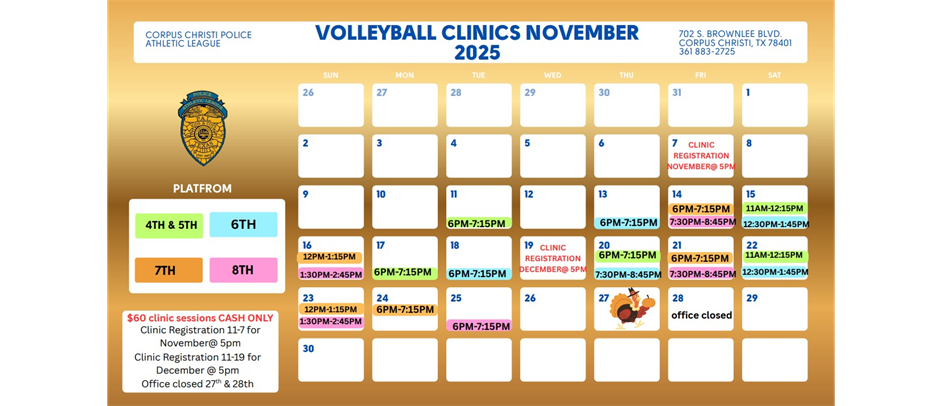 NOVEMBERS VOLLEYBALL CLINIC SCHEDULE